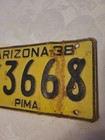 Vintage 1938 Arizona Pima County License Plate Yellow W Black Letters 10  Long 
