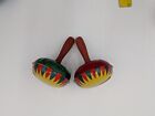 2 Vintage Tin Litho Rattlers Noisemakers  T Cohn Wood Handles Yellow Green Red