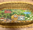 Vtg Nantucket Basket Large Oval Hand Painted Folk Village Scene Wood Bottom