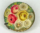 Vintage Celluloid Figural Tape Measure Basket Of Flowers Sewing Vintage