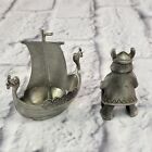 Vtg Sweden Pewter Norge Tpb Handstopt Tinn Viking Boat Ship   Bkt Tenn Viking