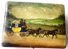 Antique Folk Art Painted Box Horse Carriage Scene Red Compartment Interior