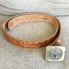 Vintage Boy Scouts Of America Eagle Buckle   Brown Tooled Leather Belt Size 38