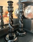 Jacobean Barley Twist Ebonized English Oak Turned Wood Candleholders 