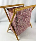Vtg 1970s Wooden Folding Knitting Basket Fabric Sling Sewing Caddy Magazine Rack