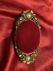 Florenza Gold Tone Faux Pearl Rhinestone Red Velvet Pin Cushion Trinket Box Vtg