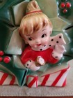Napco Blonde Girl Planter Christmas Holly Wreath Bell Polka Dot Scarf Japan Vtg