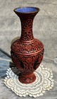 Vintage Chinese Cinnabar Carved Vase Red   Black Lacquer Ext Blue Enamel Int 9   