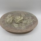 Pink Incolay Stone Trinket Jewelry Box Floral Relief Oval Granny Core Vintage
