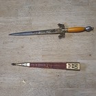 Vintage Toledo Spain Letter Opener Sword Knife Filigree Leather Scabbard 7-1 4   