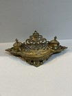 Inkwell Set  Antique Brass Desk Stand W  Filigree Urn Finials  2 Lidded Pots