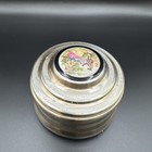 Vintage Ladies Powder Music Box     Aluminum With Enamel Inlay     Working