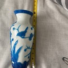 Vintage Heavy Chinese Peking Glass Blue Overlay White Glass Bird Flower Vase 