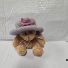 Htf Avon Teddy Bear Stuffed Plush Purple Hat bonnet Flower Tan brown Sitting