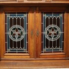 Continental Gothic Carved Oak   Stained Leaded Glass Court Cupboard C1900