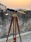 Antique Brass Finish Nautical Telescope On Adjustable Wooden Tripod Stand Decor