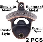 Vintage Copper Bottle Cap Opener Wall Mount - Antique Metal Bar Tool  2-pack 