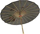 32  Inch Dia Black Floral Pattern Wood Bamboo Nylon Parasol Umbrella Decoration