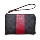 Coach Corner Zip Wristlet In Signature Canvas Brown Red 58035 New