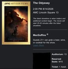 1 Ticket The Odyssey 70mm Imax 8 14 2 Pm Nyc Lincoln Square 