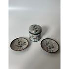 Set 3 Antique Chinese Enamel On Copper Floral Trinket Trays Matching Lidded Jar