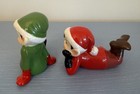 Vintage Ceramic Pixie Elf   s Set 2 Figurines Retro Glossy Red green New
