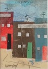 Original Aceo Paper Acrylic 5 x7  Painting Houses Modern Cubism Art Framed