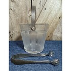 Vtg Anchor Hocking Glass Ice Bucket Barrel Hammered Metal Handle And Claw Tongs