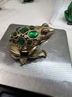 Metal Frog Trinket Box Hinged Lid Gold Tone Green Rhinestone Jeweled Decor