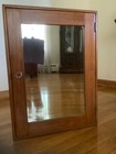 Vintage Wood Medicine Cabinet W Beveled Mirror  Glass Shelves Glass Knob Euc Usa