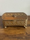 Vintage Beveled Amber Glass Gold Filigree Ormolu Jewelry Casket Box Claw Foot