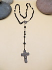 Vintage Black Wood Prayer Bead Rosary Silver-tone Crucifix Cross 24   1218