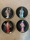 Set Of 4 Vintage Decorative Asian Geisha Collector Plates Black With Gold Rim