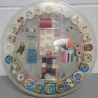 Vintage Lot Of Sewing Thread Spools And Various Sewing Items In Plastic Box 50 