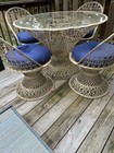 Vintage Mcm Spun Metal Wicker Look Round Glass Top Table With 4 Chairs  Cushions