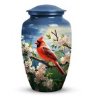Elegant Blue Cardinal Bird Cremation Urn     Floral Memorial Urn For Human Ashes