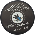 Macklin Celebrini Autographed Sharks Hockey Puck Nhl Debut Fanatics 236539
