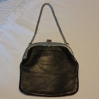 Vintage Black Leather Purse W  Silver Tone Frame Kiss Clasp Chain Made W Germany