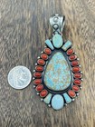 Native American Indian Navajo Handmade Silver Turquoise   Coral Cluster Pendant