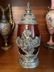 Bohemian German Cranberry Glass Lidded Beer Stein  Tankard