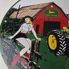 Vintage John Deere Sign - Girl On Fence Porcelain Farm Tractor Gas Pump Sign