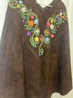 Vintage 1970   s Suede Poncho With Floral Embroidery  Measurements In Description 