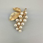 Vintage Crown Trifari Brooch Gold Tone Brushed Faux Pearl Leaf Branch Pin 2 