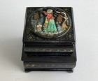 Vintage Russian Black Lacquer Wooden Double Deck Trinket Box Hand Painted Hinged