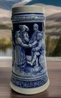 Vintage German Beer Stein Salt Glazed Cobalt Blue Relief Mug Lid 3514 W Germany