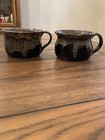 Set Of 2 Studio Art Pottery Soup Mugs Brown Drip Glazed Earthtones Signed