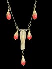 Vintage Art Deco Revival Gold Tone   Red Lucite Necklace Earrings Set 1960s