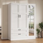 5-in-1 Wardrobe Closet With Mirror  2 Drawers  Adjustable Shelves  White Armoire