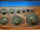 Antique Vintage Brass Scale Weights Set Avoirdupois Avd Wood Block Nest 7pc