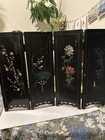 Vintage Chinese Black Lacquer Carved Stone Floral Dresser Four Panel Screen
